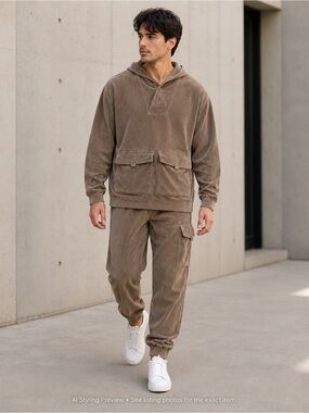 Native Youth Corduroy Hoodie Cargo Jogger Lounge Set Men’s L Brown